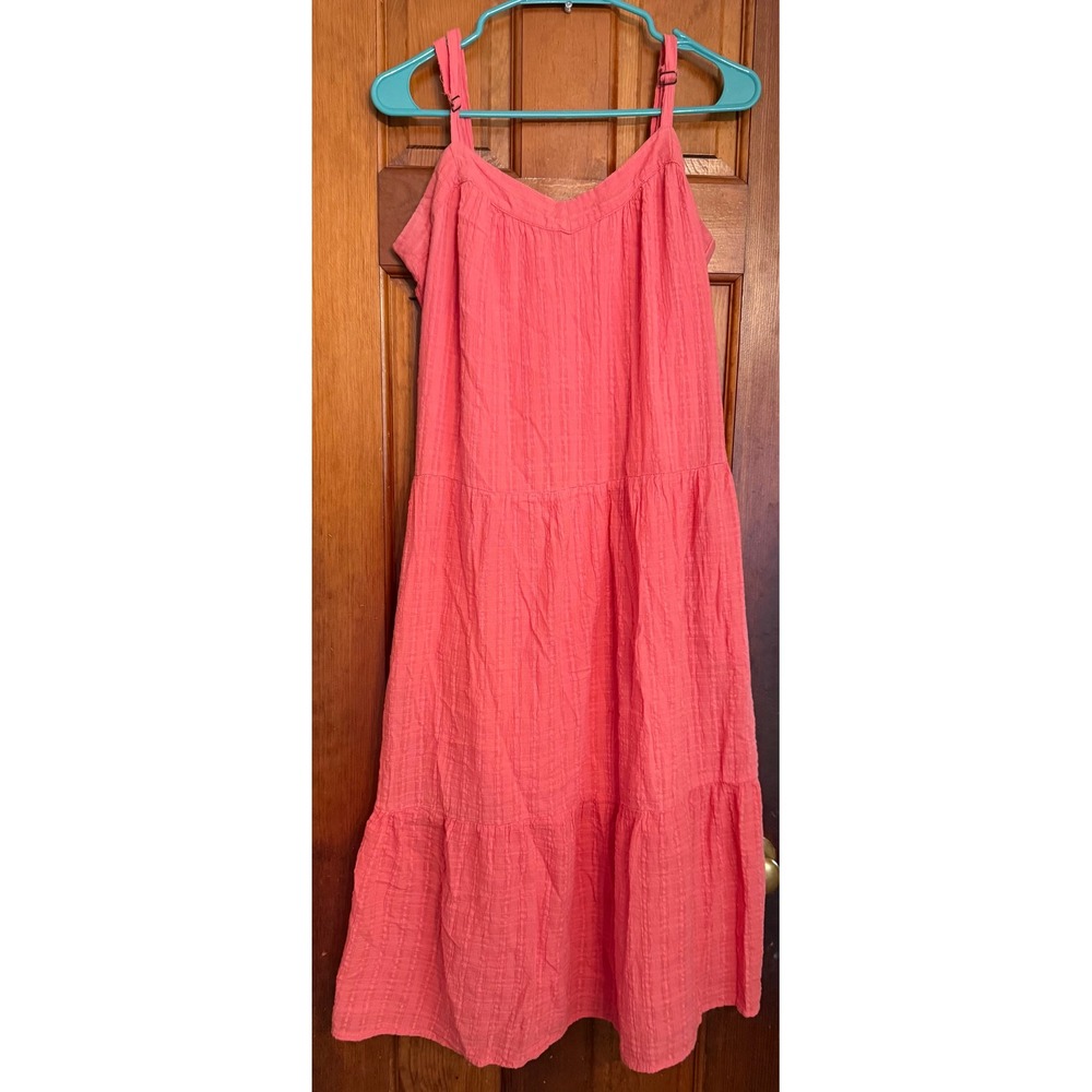 Knox Rose Coral Pink Textured Tiered Midi Dress Sleeveless Gauze Cotton Large